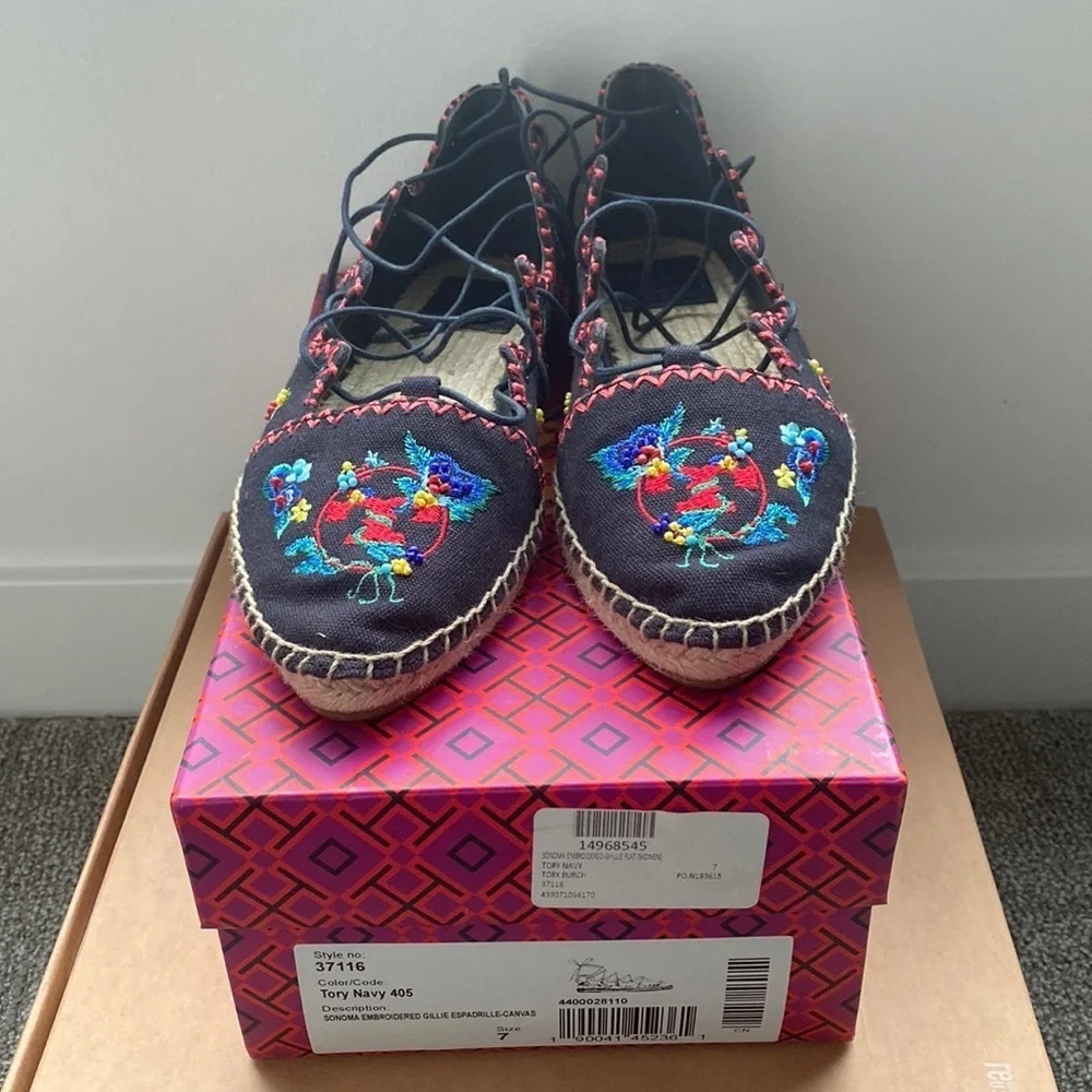 New Tory Burch Sonoma Lace up Embroidered Gillie Espadrille size 7 - Picture 1 of 10